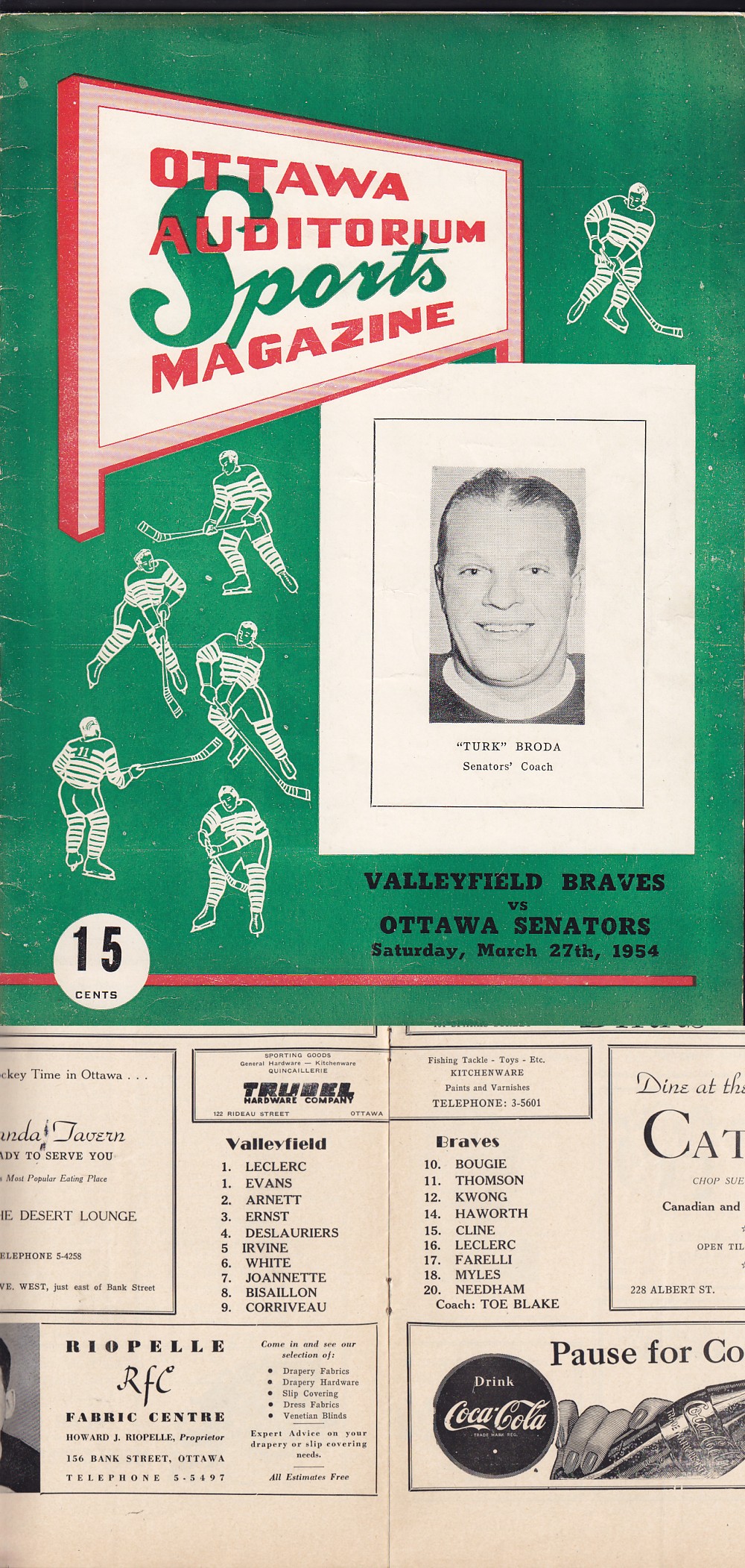 1953 OTTAWA SENATORS VS VALLEYFIELD BRAVES PROGRAM photo 1953 OTTAWA SENATORS VS VALLEYFIELD BRAVES PROGRAM photo