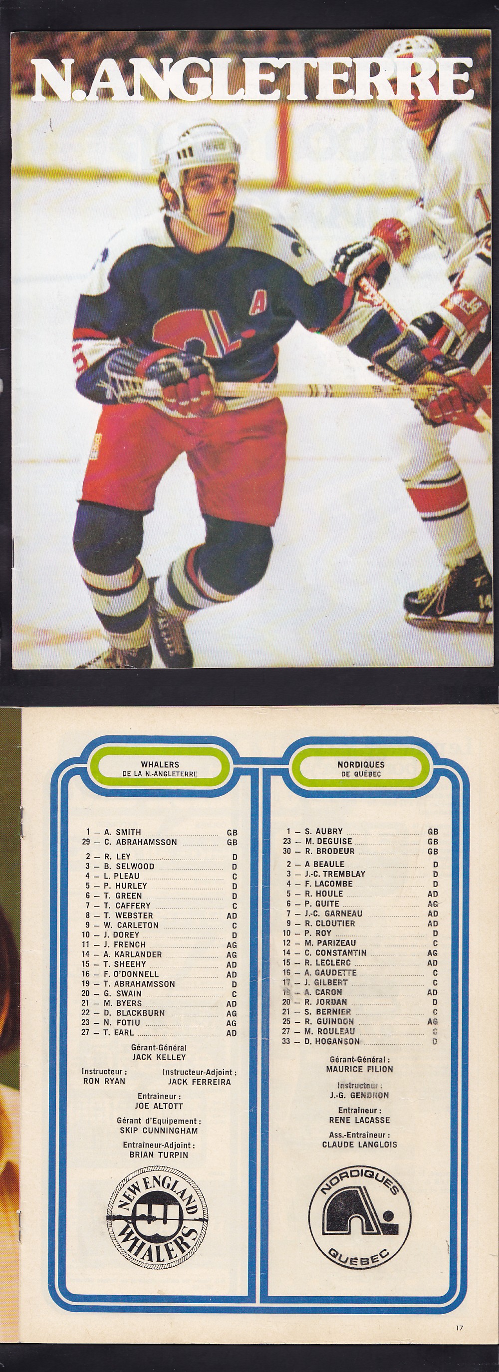 1974-75 WHA QUEBEC NORDIQUES VS NEW ENGLAND WHALERS PROGRAM photo 1974-75 WHA QUEBEC NORDIQUES VS NEW ENGLAND WHALERS PROGRAM photo