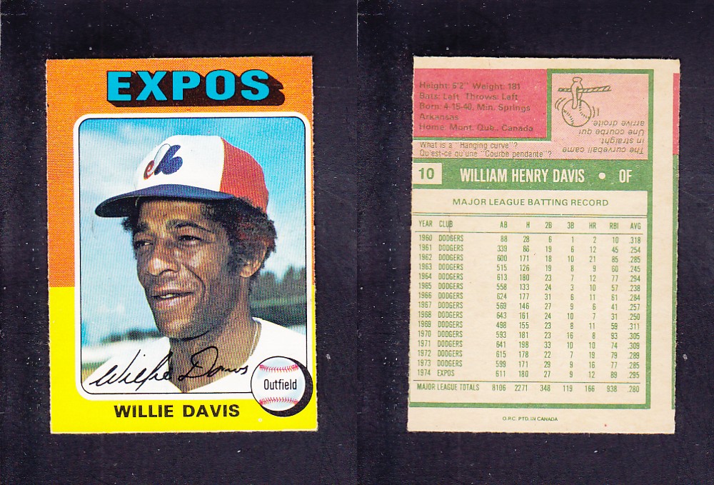 1975 O-PEE-CHEE BASEBALL CARD #10 W. DAVIS photo 1975 O-PEE-CHEE BASEBALL CARD #10 W. DAVIS photo
