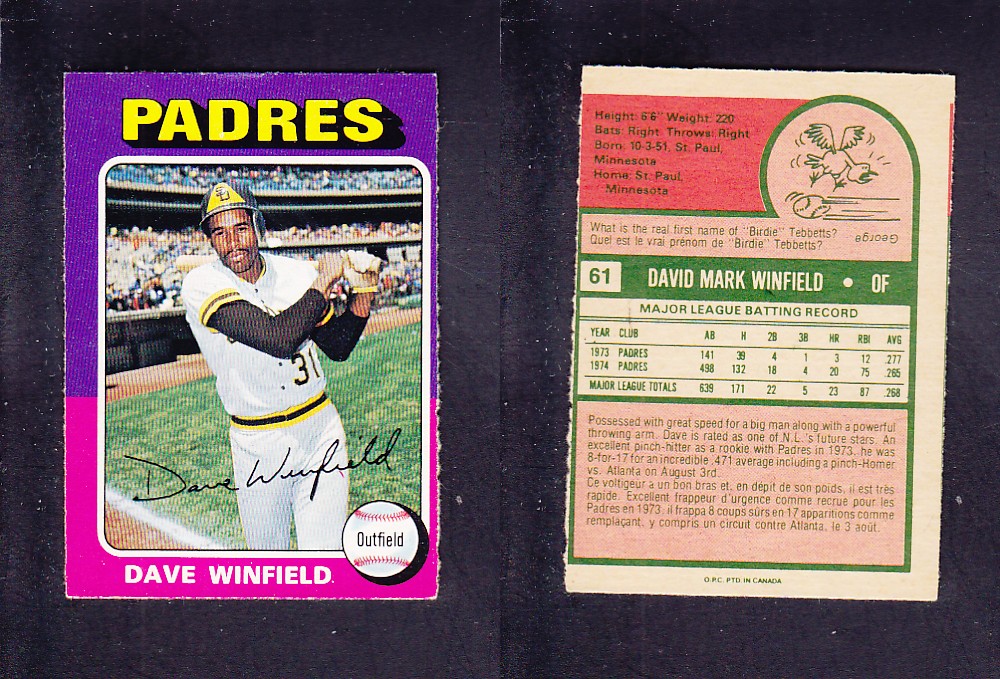 1975 O-PEE-CHEE BASEBALL CARD #61 D. WINFIELD photo 1975 O-PEE-CHEE BASEBALL CARD #61 D. WINFIELD photo