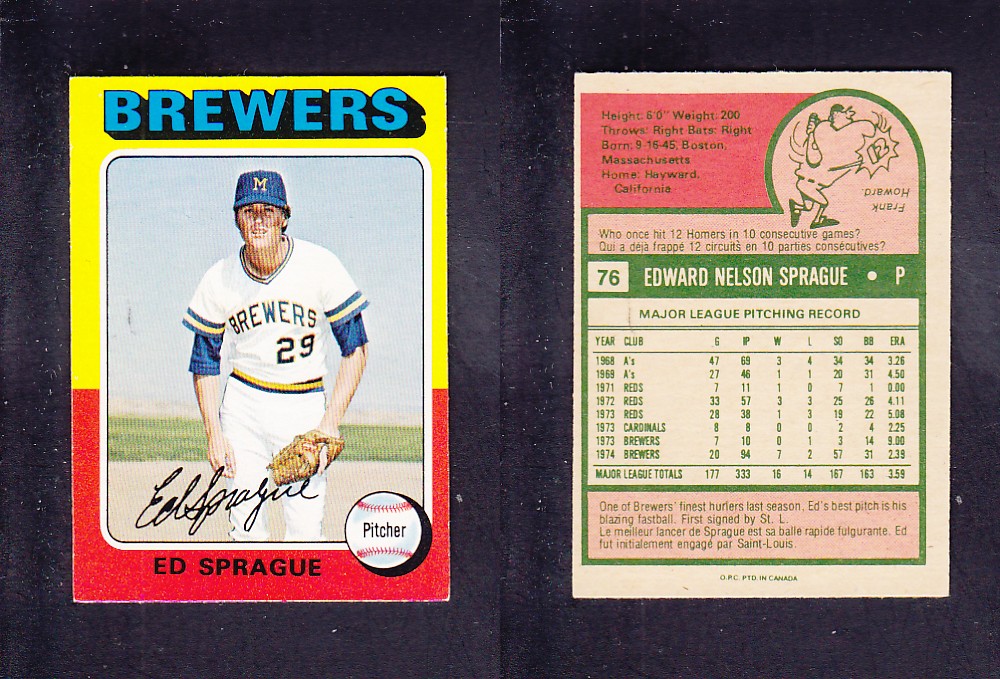 1975 O-PEE-CHEE BASEBALL CARD #76 E. SPRAGUE photo