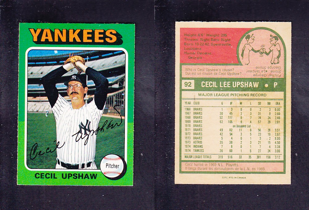1975 O-PEE-CHEE BASEBALL CARD #92 C. UPSHAW photo 1975 O-PEE-CHEE BASEBALL CARD #92 C. UPSHAW photo