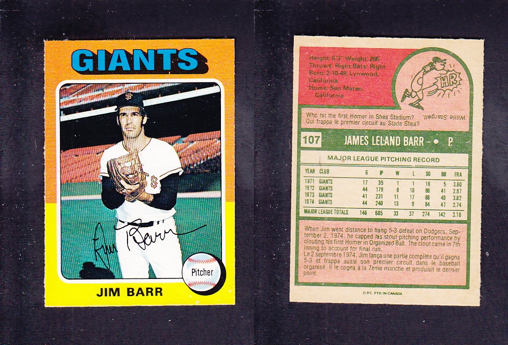 1975 O-PEE-CHEE BASEBALL CARD #107 J. BARR photo 1975 O-PEE-CHEE BASEBALL CARD #107 J. BARR photo