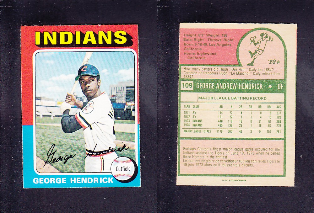 1975 O-PEE-CHEE BASEBALL CARD #109 G. HENDRICK photo 1975 O-PEE-CHEE BASEBALL CARD #109 G. HENDRICK photo