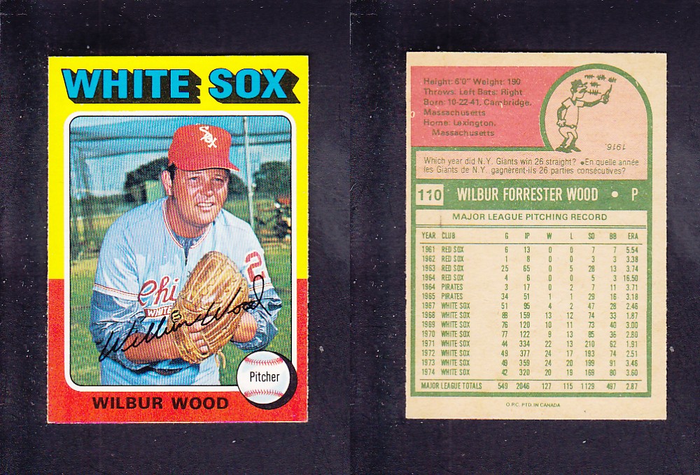 1975 O-PEE-CHEE BASEBALL CARD #110 W. WOOD photo 1975 O-PEE-CHEE BASEBALL CARD #110 W. WOOD photo