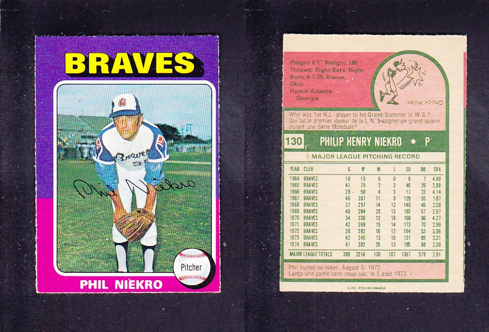 1975 O-PEE-CHEE BASEBALL CARD #130 P. NIEKRO photo 1975 O-PEE-CHEE BASEBALL CARD #130 P. NIEKRO photo