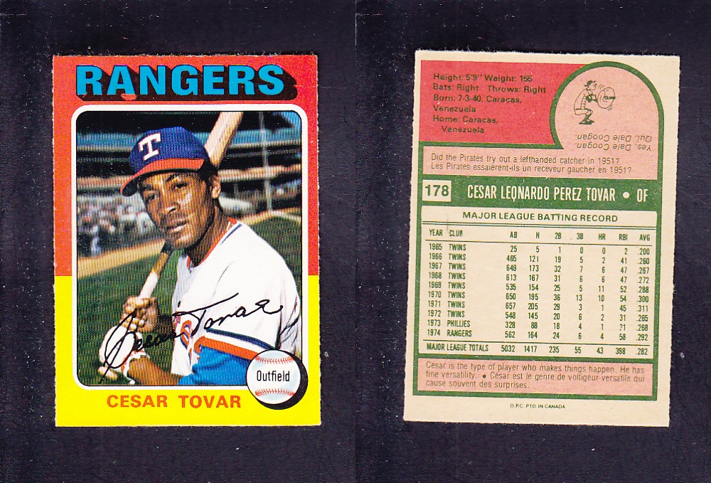 1975 O-PEE-CHEE BASEBALL CARD #178 C. TOVAR photo