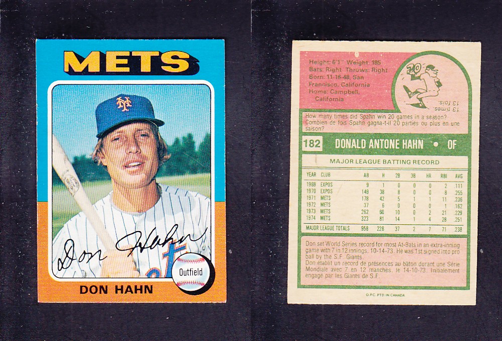 1975 O-PEE-CHEE BASEBALL CARD #182 D. HAHN photo