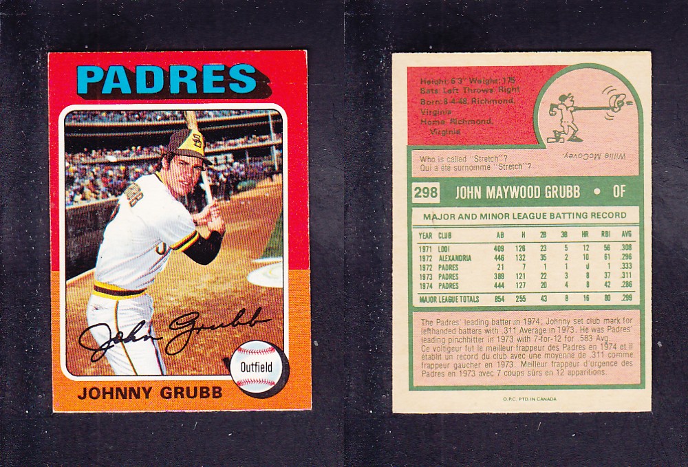 1975 O-PEE-CHEE BASEBALL CARD #298 J. GRUBB photo