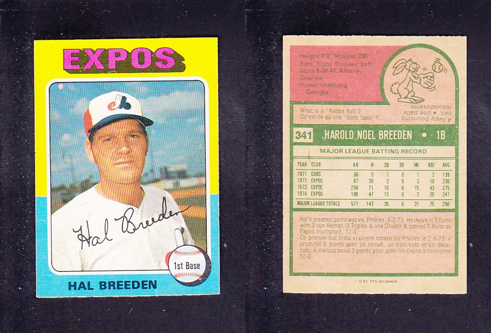 1975 O-PEE-CHEE BASEBALL CARD #341 H. BREEDEN photo