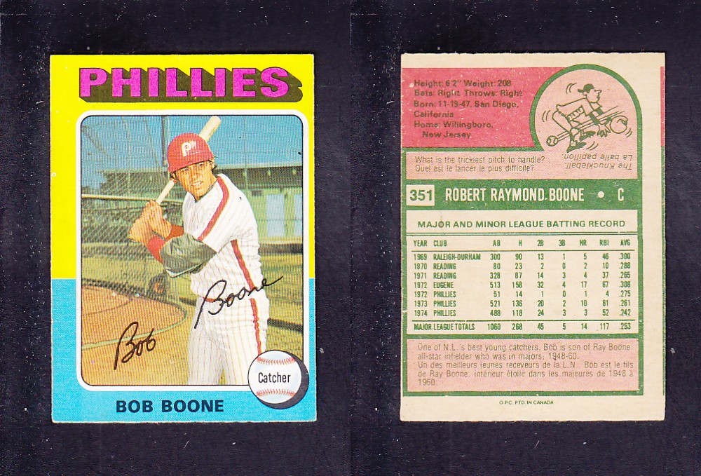 1975 O-PEE-CHEE BASEBALL CARD #351 B. BOONE photo