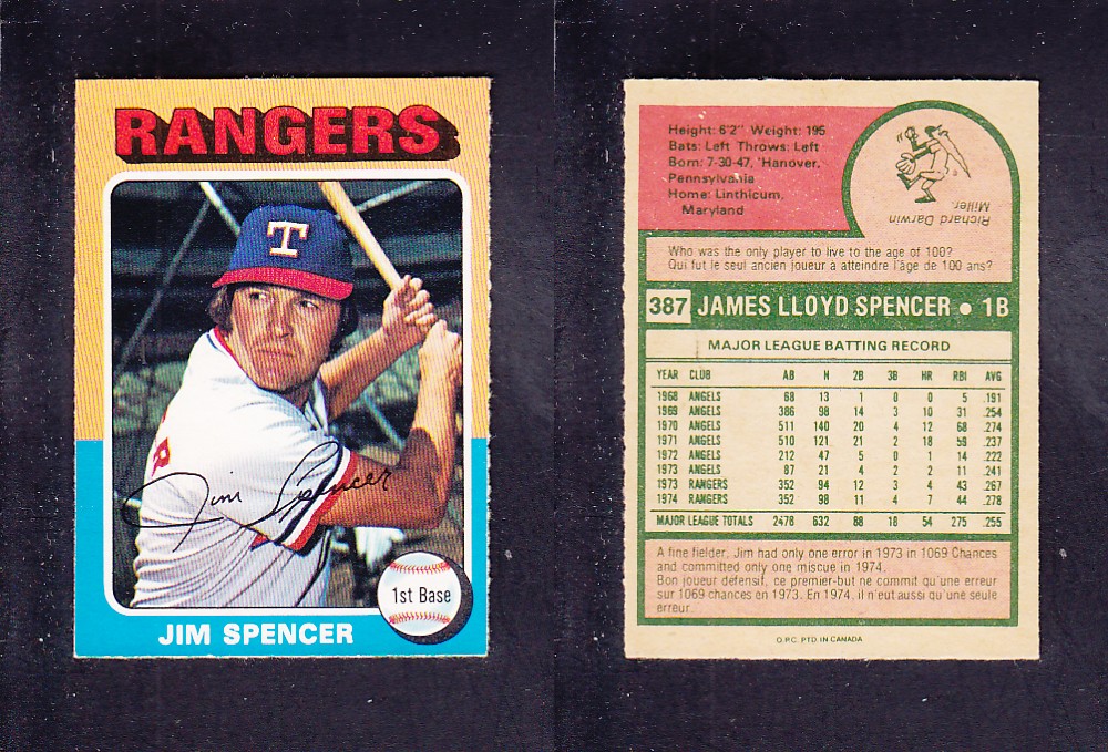 1975 O-PEE-CHEE BASEBALL CARD #387 J. SPENCER photo 1975 O-PEE-CHEE BASEBALL CARD #387 J. SPENCER photo