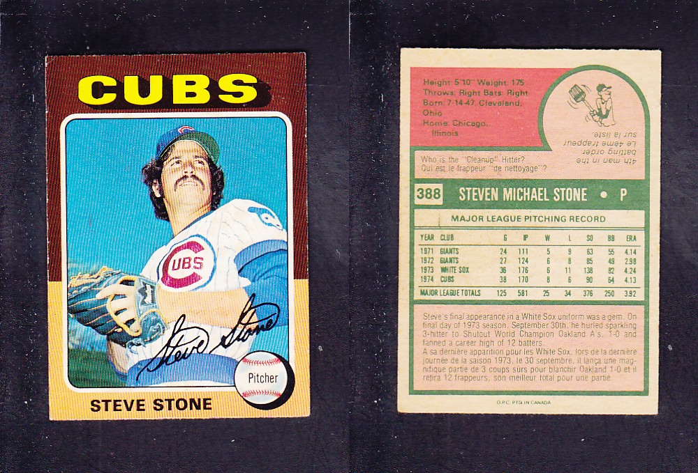 1975 O-PEE-CHEE BASEBALL CARD #388 S. STONE photo 1975 O-PEE-CHEE BASEBALL CARD #388 S. STONE photo