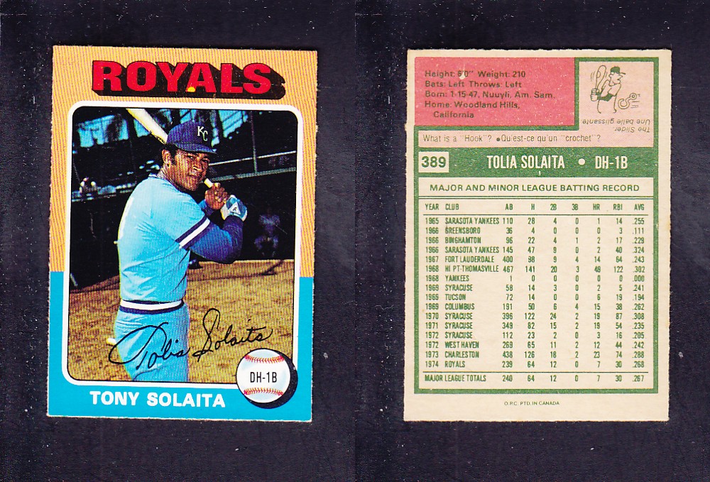 1975 O-PEE-CHEE BASEBALL CARD #389 T. SOLAITA photo 1975 O-PEE-CHEE BASEBALL CARD #389 T. SOLAITA photo