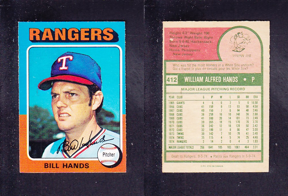 1975 O-PEE-CHEE BASEBALL CARD #412 B. HANDS photo