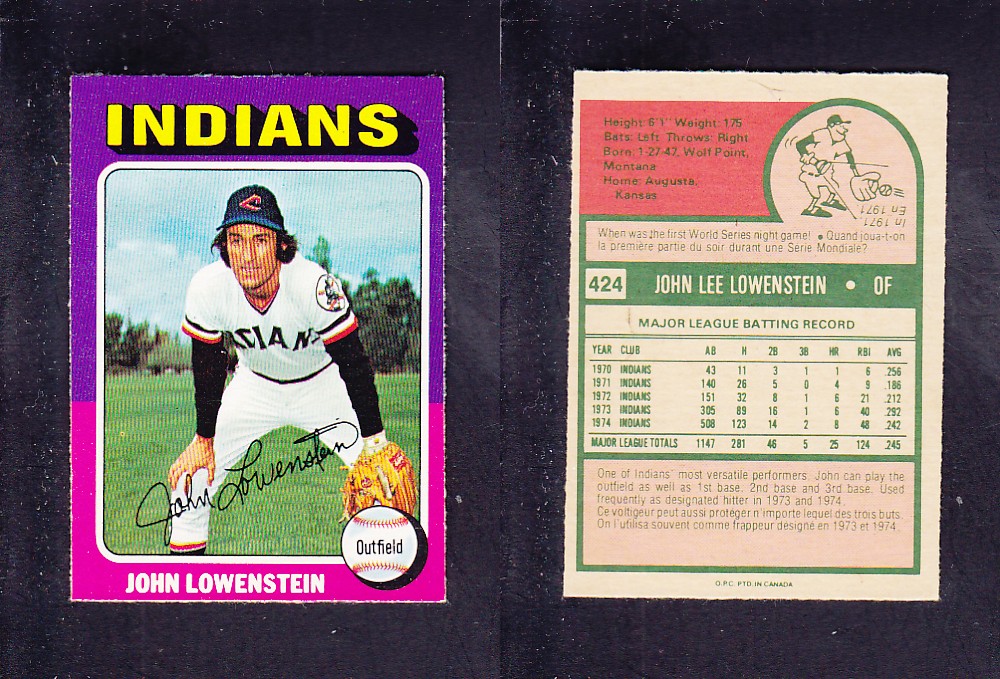 1975 O-PEE-CHEE BASEBALL CARD #424 J. LOWENSTEIN photo