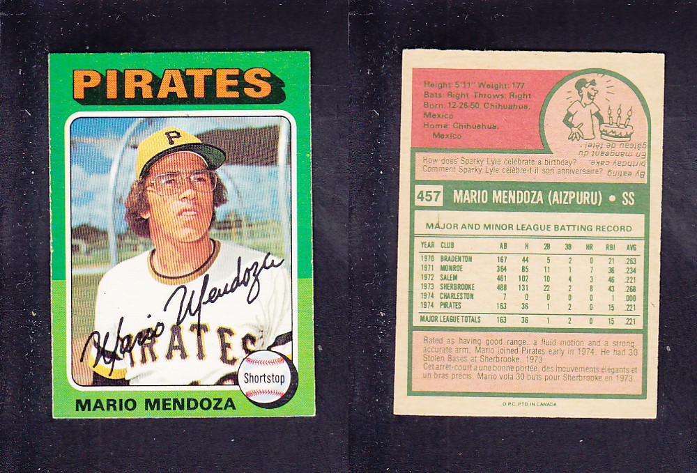 1975 O-PEE-CHEE BASEBALL CARD #457 M. MENDOZA photo