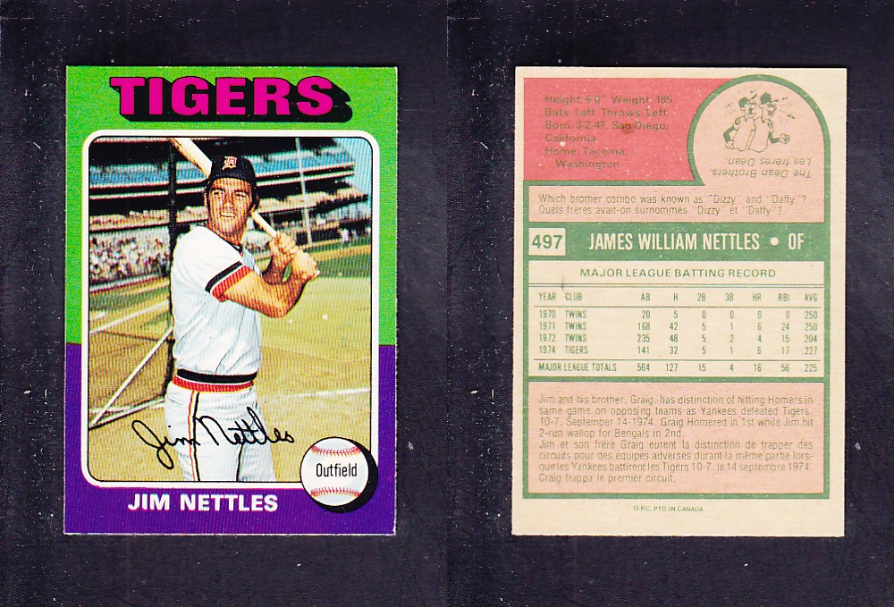 1975 O-PEE-CHEE BASEBALL CARD #497 J. NETTLES photo