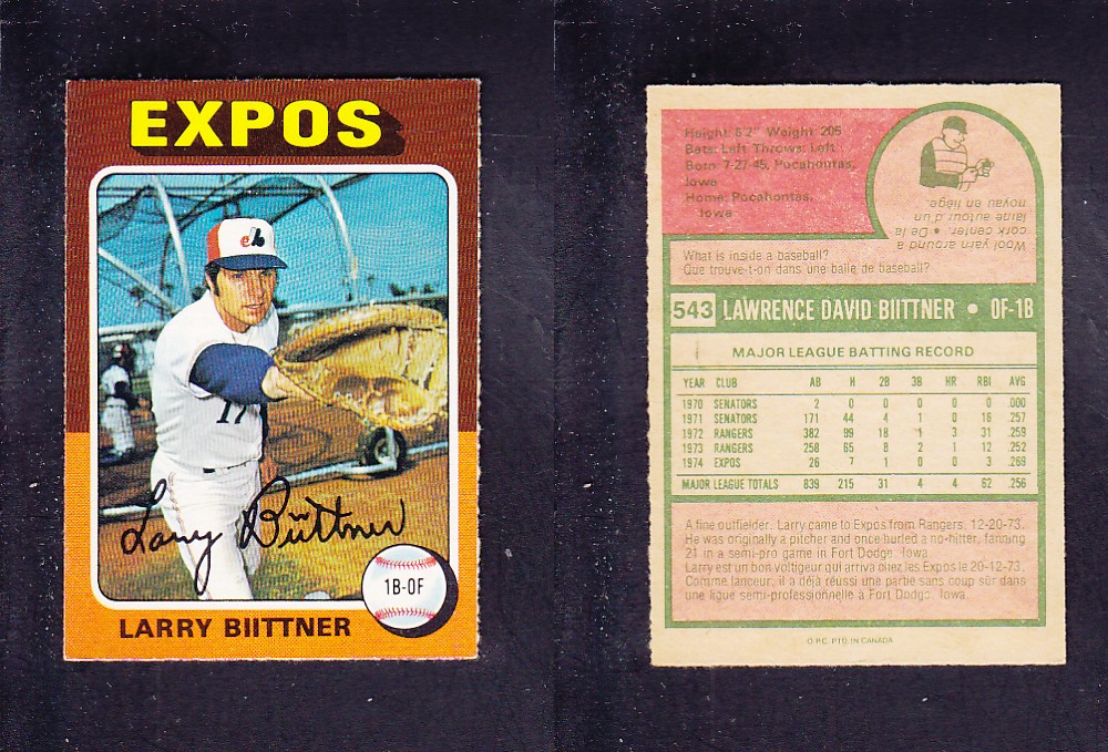 1975 O-PEE-CHEE BASEBALL CARD #543 L. BIITTNER photo