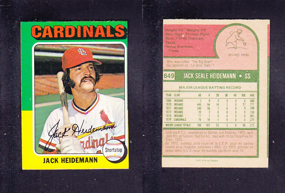 1975 O-PEE-CHEE BASEBALL CARD #649 J. HEIDEMANN photo