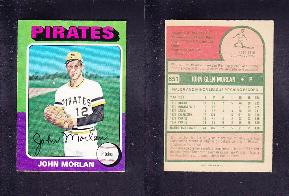 1975 O-PEE-CHEE BASEBALL CARD #651 J. MORLAN photo 1975 O-PEE-CHEE BASEBALL CARD #651 J. MORLAN photo