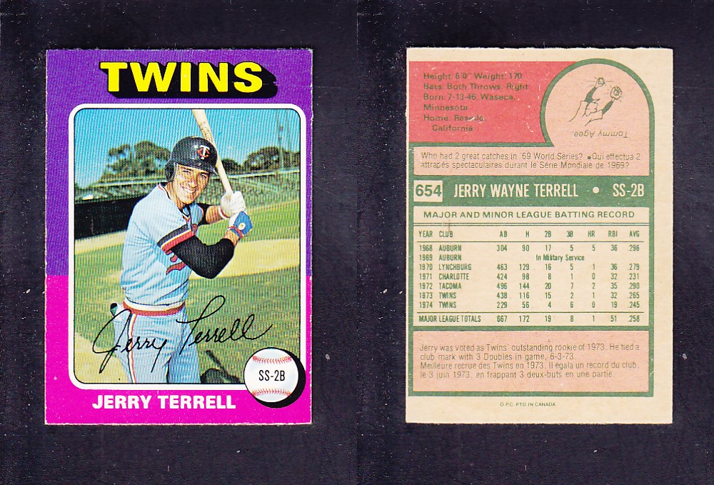1975 O-PEE-CHEE BASEBALL CARD #654 J. TERRELL photo