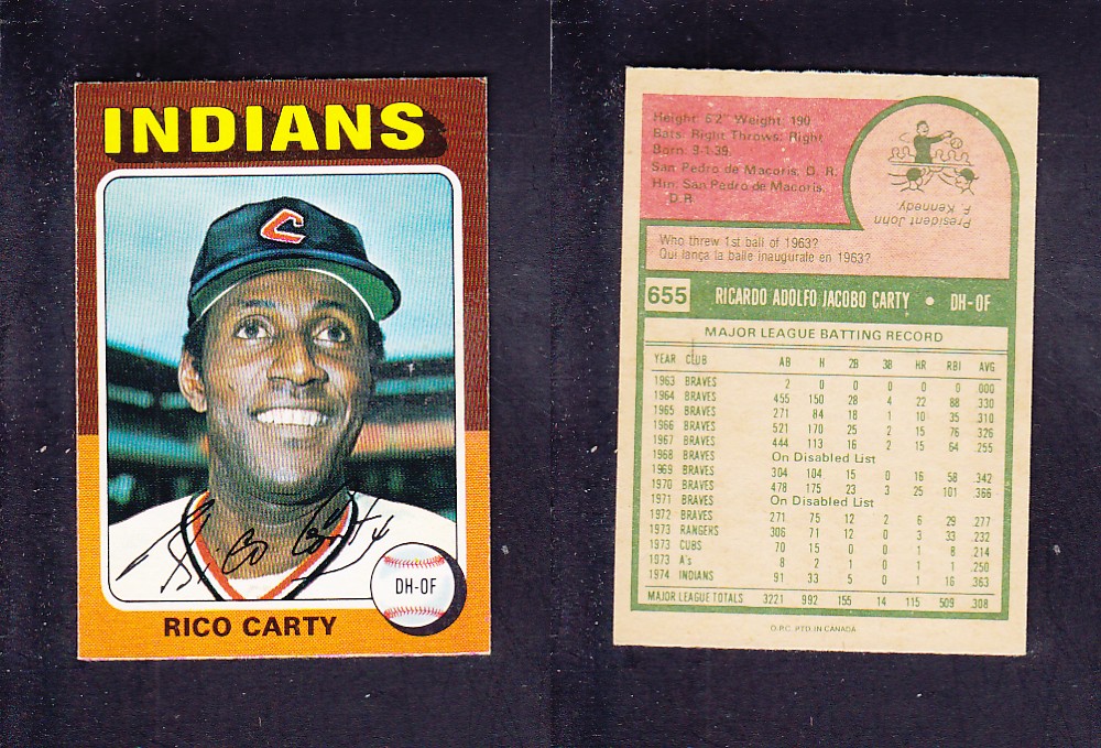 1975 O-PEE-CHEE BASEBALL CARD #655 R. CARTY photo