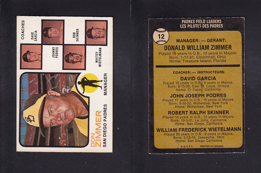 1973 O-PEE-CHEE BASEBALL CARD #12 D. ZIMMER photo 1973 O-PEE-CHEE BASEBALL CARD #12 D. ZIMMER photo