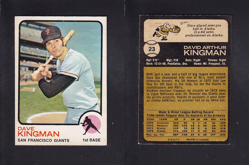 1973 O-PEE-CHEE BASEBALL CARD #23 D. KINGMAN photo 1973 O-PEE-CHEE BASEBALL CARD #23 D. KINGMAN photo