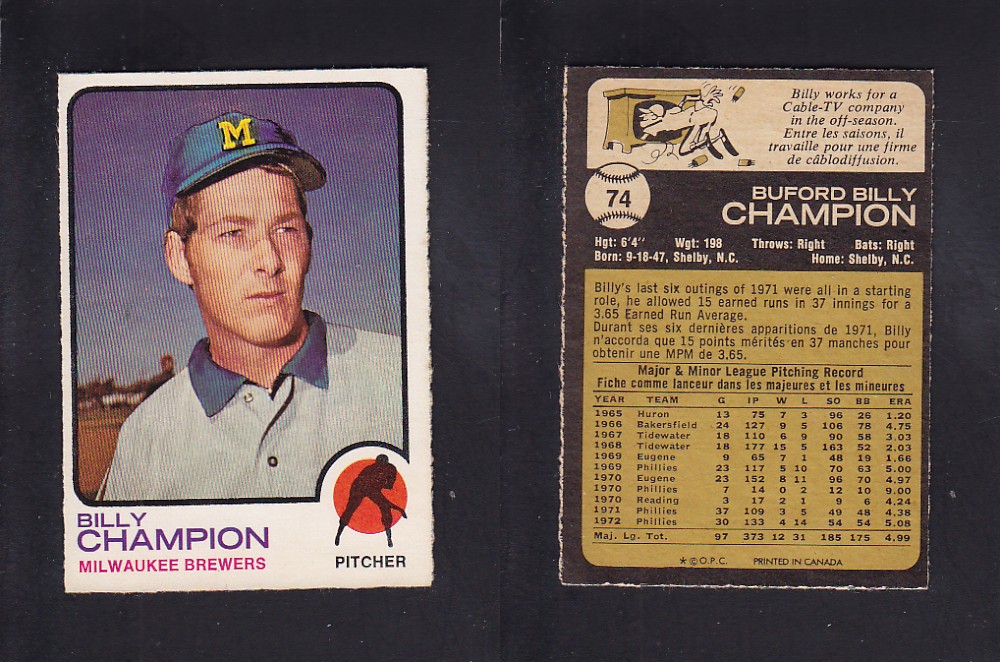 1973 O-PEE-CHEE BASEBALL CARD #74 B. CHAMPION photo 1973 O-PEE-CHEE BASEBALL CARD #74 B. CHAMPION photo