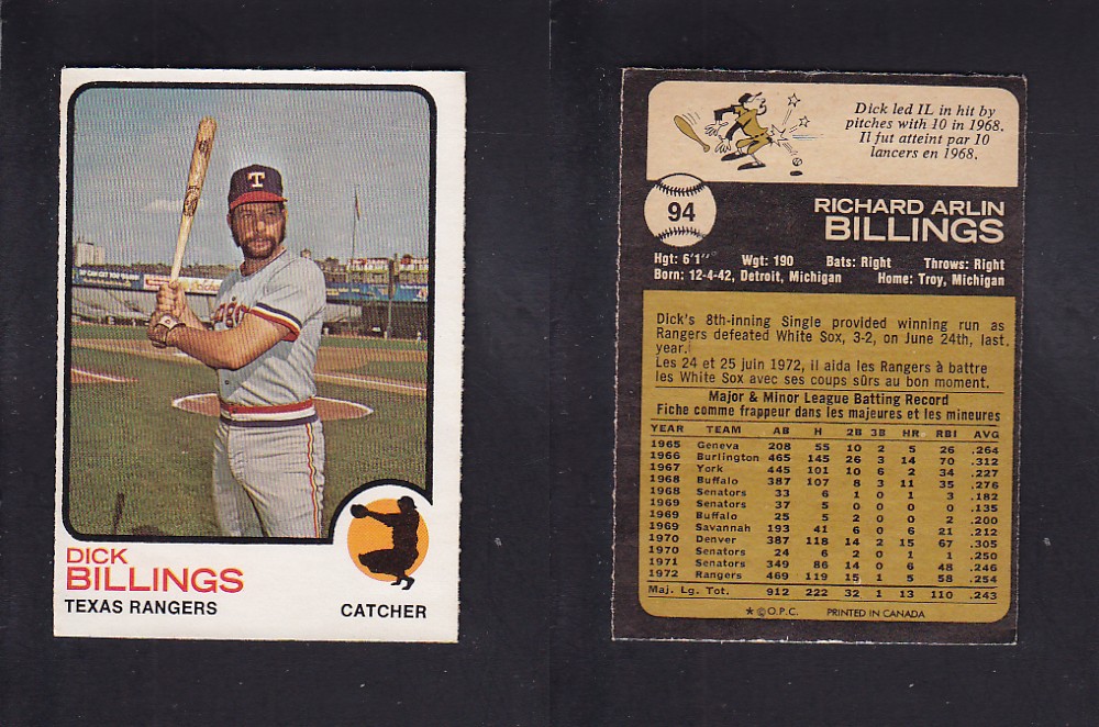 1973 O-PEE-CHEE BASEBALL CARD #94 D. BILLINGS photo 1973 O-PEE-CHEE BASEBALL CARD #94 D. BILLINGS photo