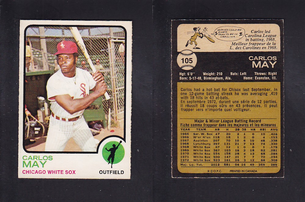 1973 O-PEE-CHEE BASEBALL CARD #105 C. MAY photo 1973 O-PEE-CHEE BASEBALL CARD #105 C. MAY photo