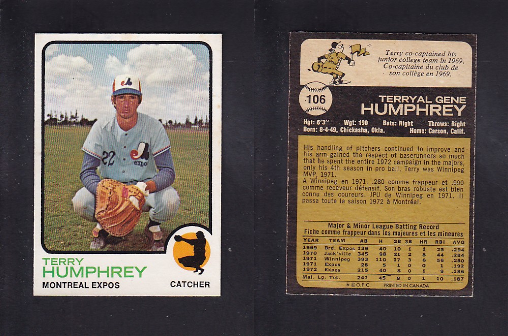 1973 O-PEE-CHEE BASEBALL CARD #106 T. HUMPHREY photo 1973 O-PEE-CHEE BASEBALL CARD #106 T. HUMPHREY photo
