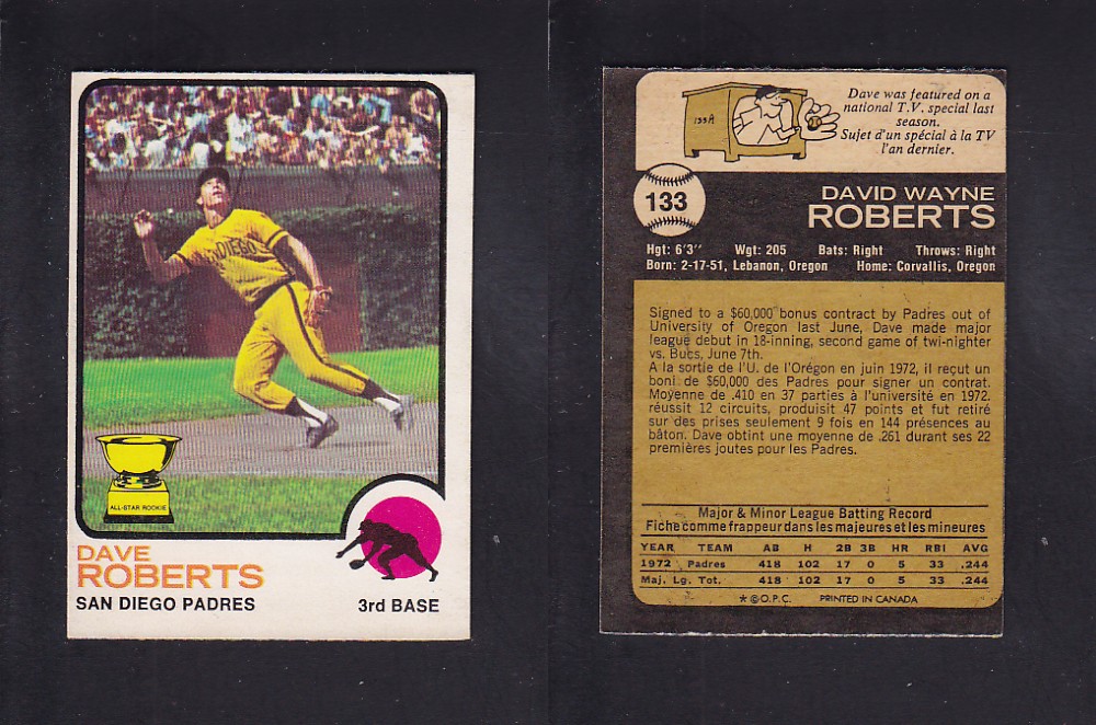 1973 O-PEE-CHEE BASEBALL CARD #133 D. ROBERTS photo 1973 O-PEE-CHEE BASEBALL CARD #133 D. ROBERTS photo