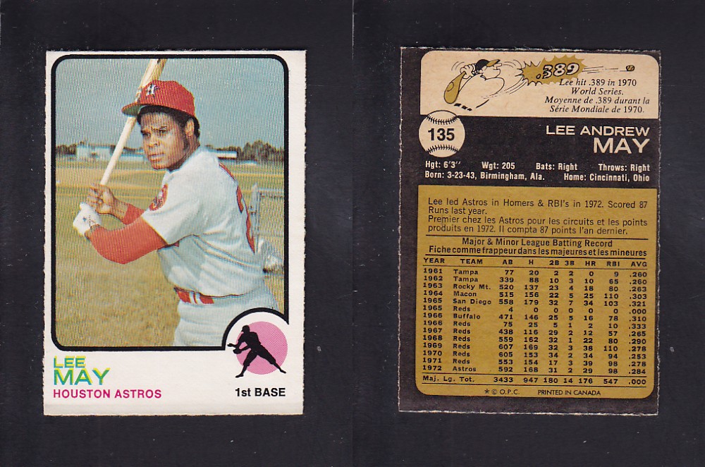 1973 O-PEE-CHEE BASEBALL CARD #135 L. MAY photo 1973 O-PEE-CHEE BASEBALL CARD #135 L. MAY photo