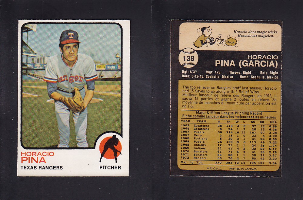 1973 O-PEE-CHEE BASEBALL CARD #138 H. PINA photo 1973 O-PEE-CHEE BASEBALL CARD #138 H. PINA photo