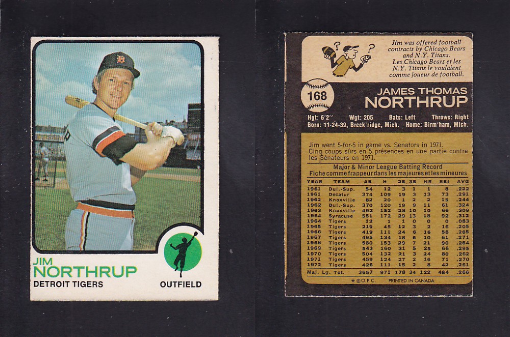 1973 O-PEE-CHEE BASEBALL CARD #168 J. NORTHRUP photo 1973 O-PEE-CHEE BASEBALL CARD #168 J. NORTHRUP photo