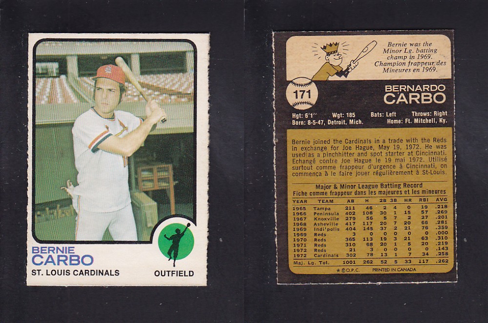 1973 O-PEE-CHEE BASEBALL CARD #171 B. CARBO photo 1973 O-PEE-CHEE BASEBALL CARD #171 B. CARBO photo