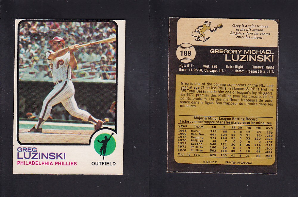 1973 O-PEE-CHEE BASEBALL CARD #189 G. LUZINSKI photo 1973 O-PEE-CHEE BASEBALL CARD #189 G. LUZINSKI photo