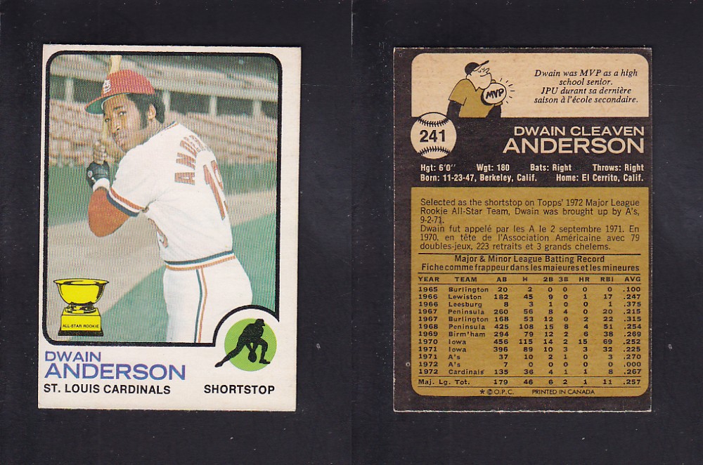 1973 O-PEE-CHEE BASEBALL CARD #241 D. ANDERSON photo 1973 O-PEE-CHEE BASEBALL CARD #241 D. ANDERSON photo