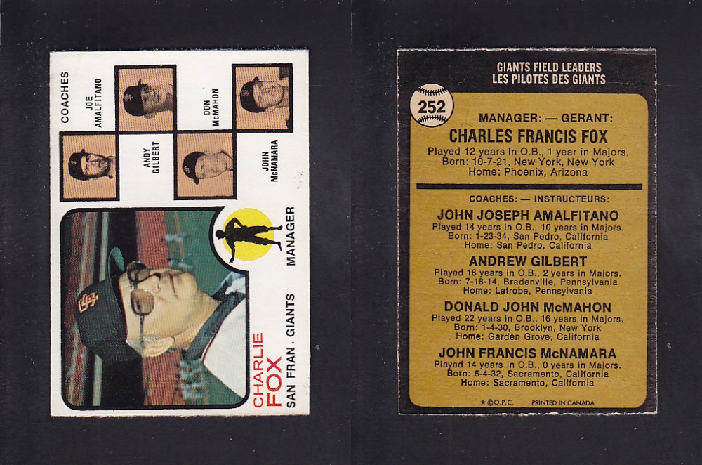 1973 O-PEE-CHEE BASEBALL CARD #252 C. FOX photo 1973 O-PEE-CHEE BASEBALL CARD #252 C. FOX photo