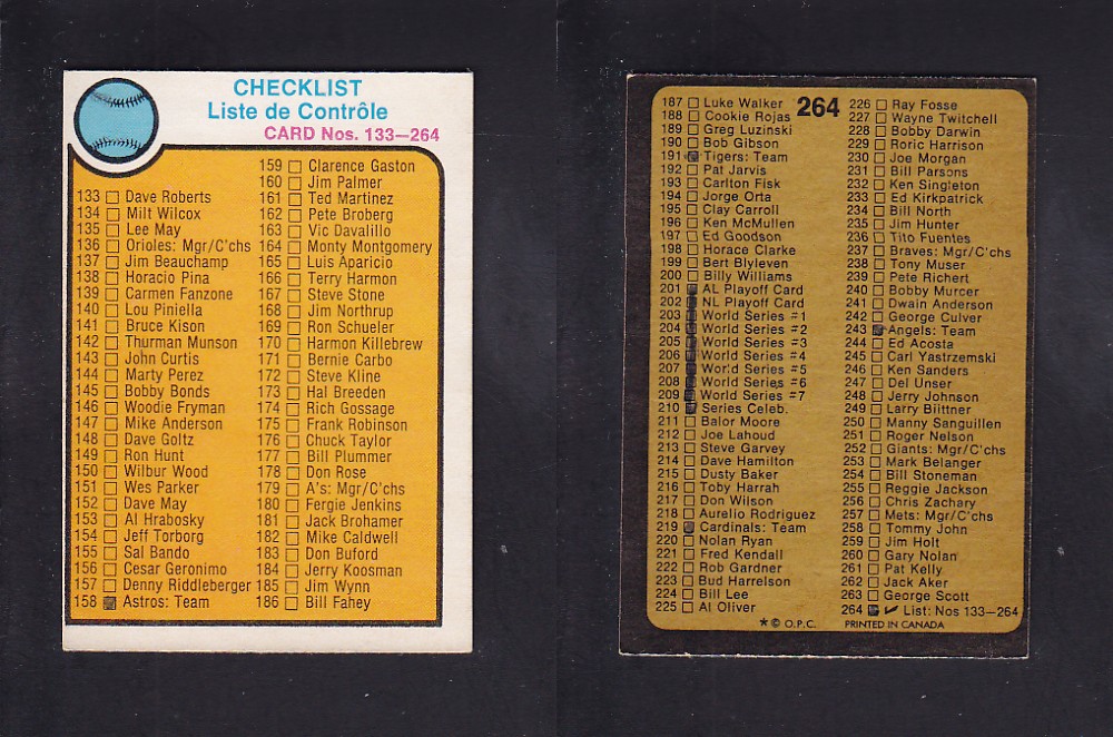 1973 O-PEE-CHEE BASEBALL CARD #264 CHECKLIST #133-264 photo 1973 O-PEE-CHEE BASEBALL CARD #264 CHECKLIST #133-264 photo