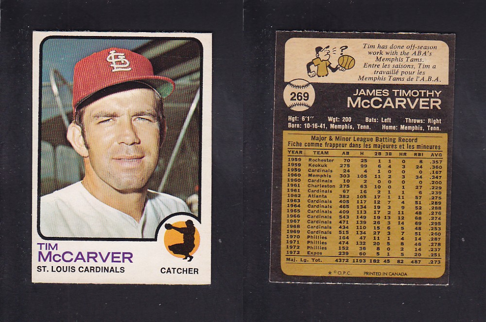 1973 O-PEE-CHEE BASEBALL CARD #269 T. McCARVER photo 1973 O-PEE-CHEE BASEBALL CARD #269 T. McCARVER photo