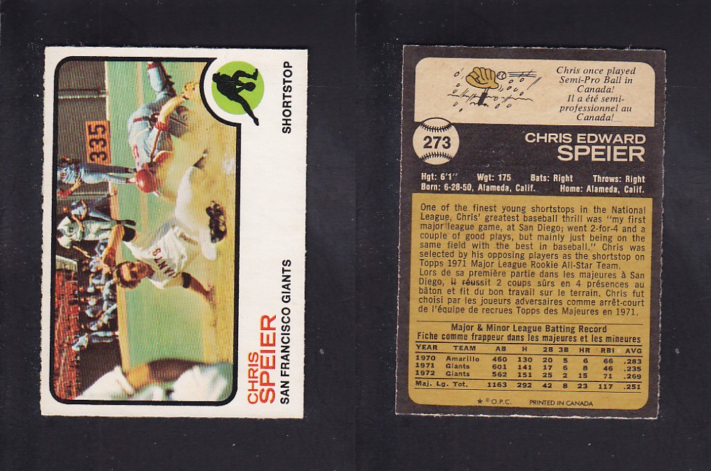 1973 O-PEE-CHEE BASEBALL CARD #273 C. SPEIER photo 1973 O-PEE-CHEE BASEBALL CARD #273 C. SPEIER photo