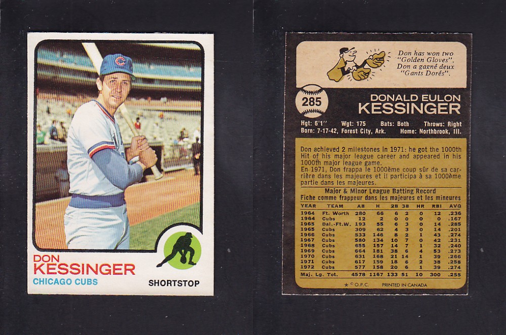 1973 O-PEE-CHEE BASEBALL CARD #285 D. KESSINGER photo 1973 O-PEE-CHEE BASEBALL CARD #285 D. KESSINGER photo