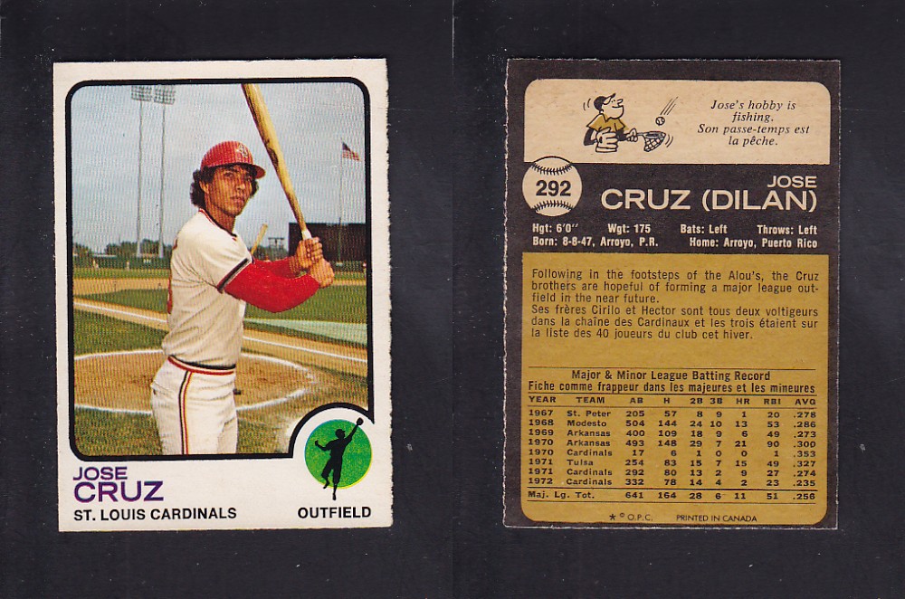 1973 O-PEE-CHEE BASEBALL CARD #292 J. CRUZ photo 1973 O-PEE-CHEE BASEBALL CARD #292 J. CRUZ photo