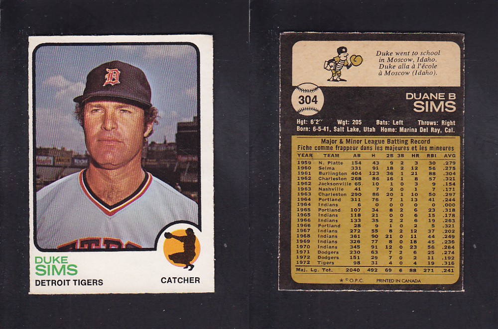 1973 O-PEE-CHEE BASEBALL CARD #304 D. SIMS photo 1973 O-PEE-CHEE BASEBALL CARD #304 D. SIMS photo