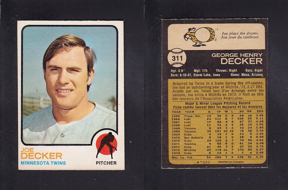 1973 O-PEE-CHEE BASEBALL CARD #311 J. DECKER photo 1973 O-PEE-CHEE BASEBALL CARD #311 J. DECKER photo