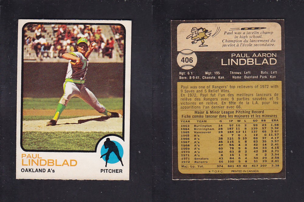 1973 O-PEE-CHEE BASEBALL CARD #406 P. LINDBLAD photo 1973 O-PEE-CHEE BASEBALL CARD #406 P. LINDBLAD photo