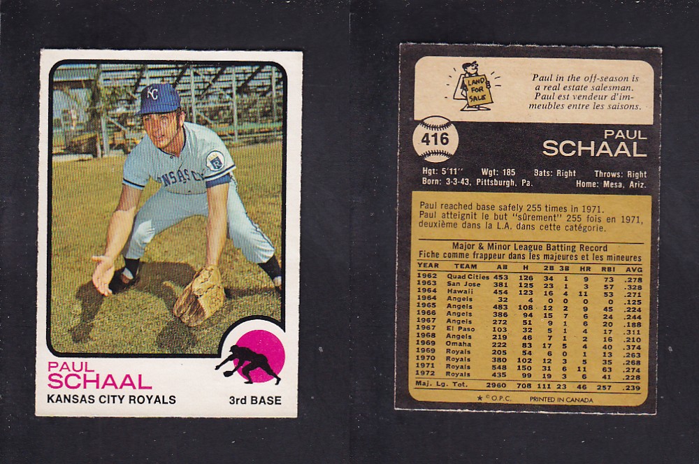 1973 O-PEE-CHEE BASEBALL CARD #416 P. SCHAAL photo 1973 O-PEE-CHEE BASEBALL CARD #416 P. SCHAAL photo